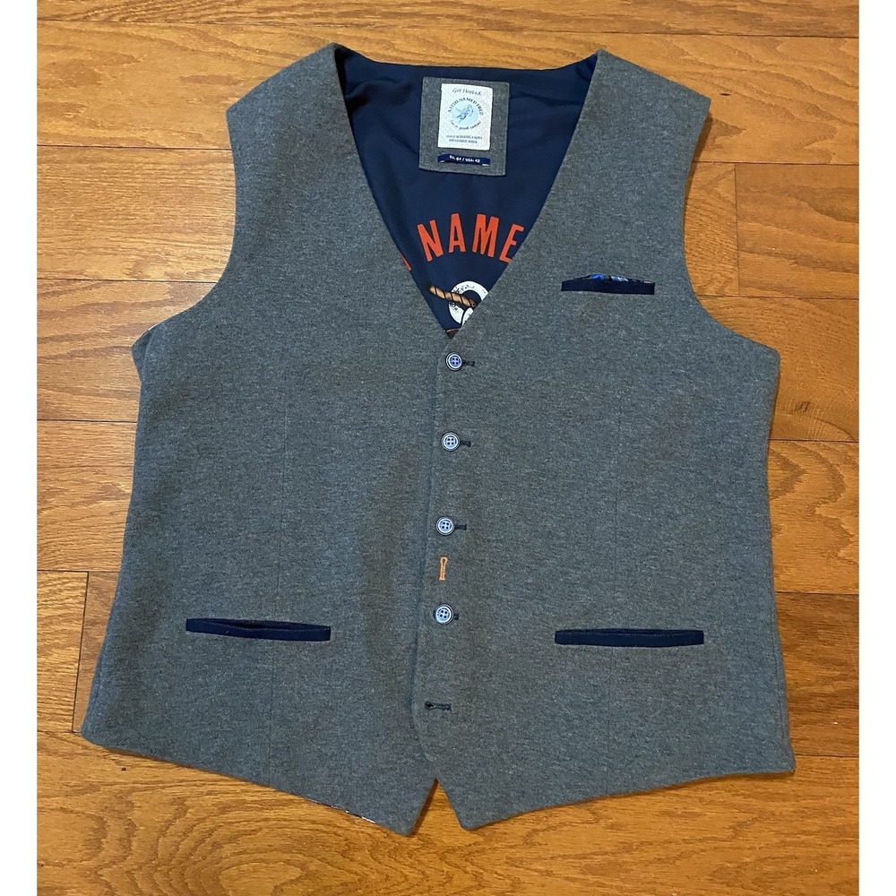 A Fish Named Fred Vest Men's 42 Got Hooked V Neck Button Up Waistcoat gilet blue